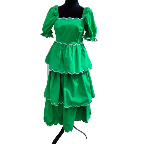 English Factory Kelly Green Scalloped Ruffle Puff Sleeve Cotton Midi Dress S NWT - Picture 1 of 10